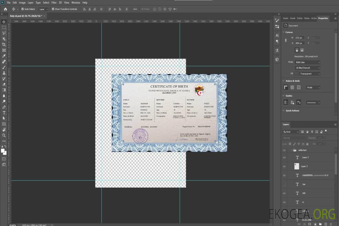Modèle PSD de certificat de naissance de l'état civil de l'Algérie template